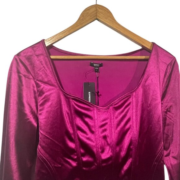Express Body Contour Long Sleeve Satin Corset Top Magenta Pink Cropped L NWT - Picture 2 of 6